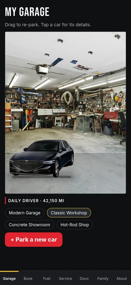A car parked in a classic workshop garage